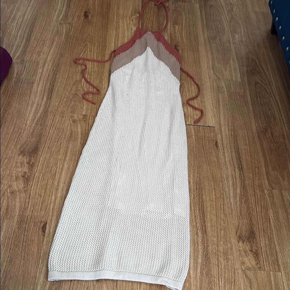 Cream and Tan Sleeveless Halter Slip Dress